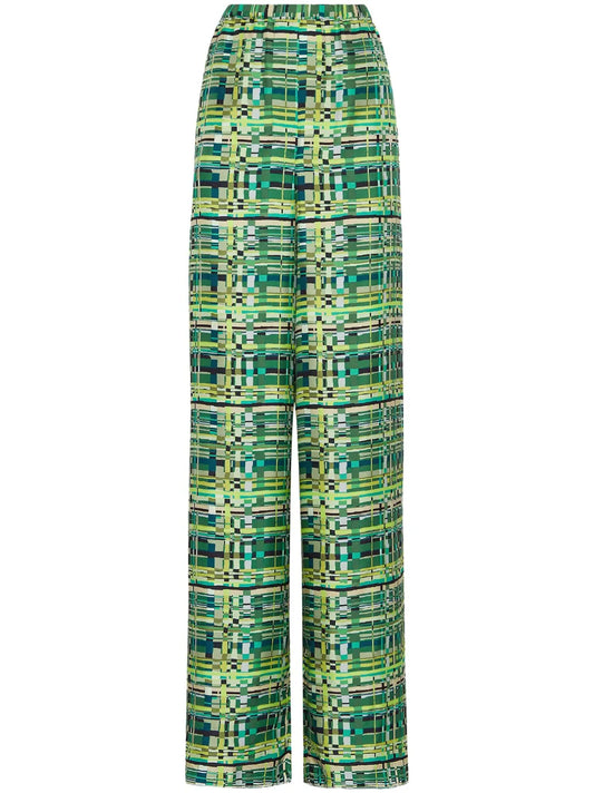 Check-Print Silk Palazzo Trousers