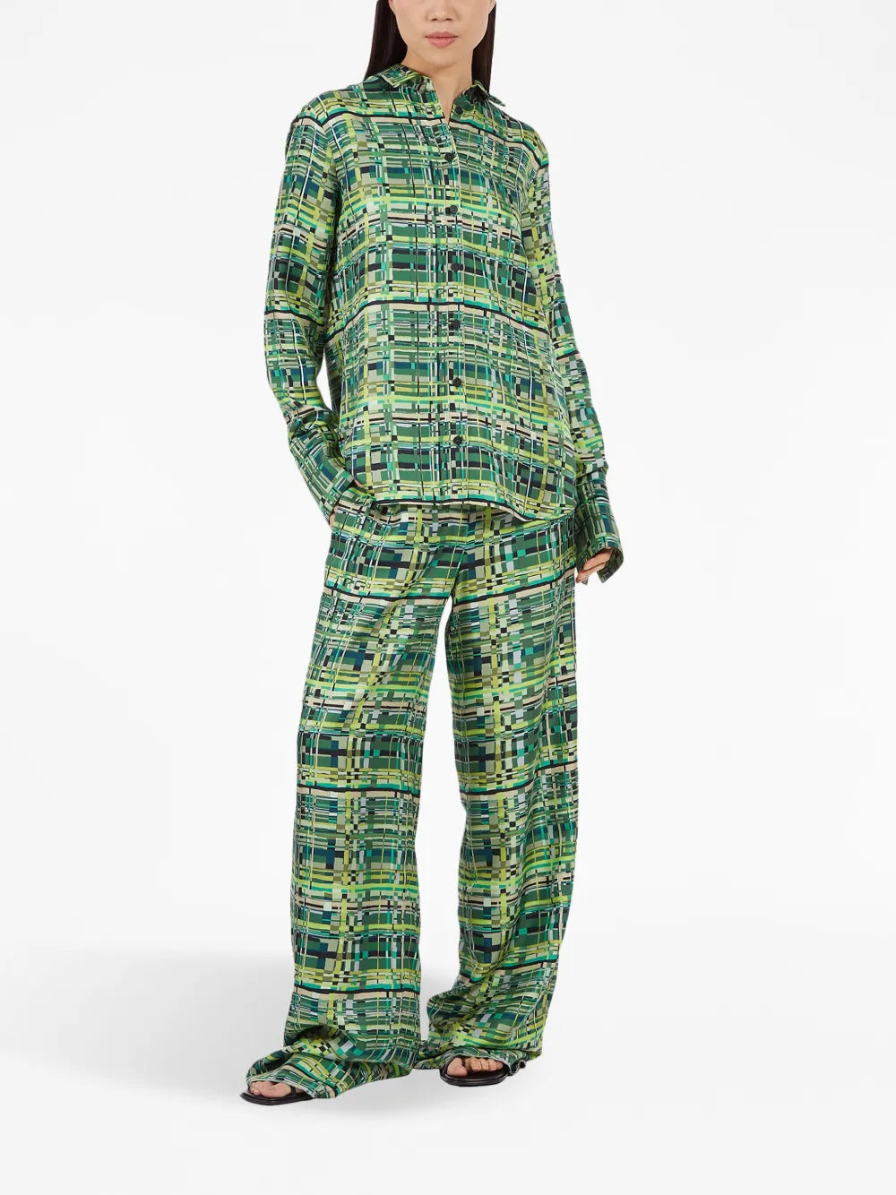 Check-Print Silk Palazzo Trousers