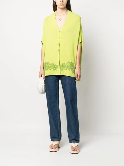 Floral Lace-Appliqué Short-Sleeve Cardigan