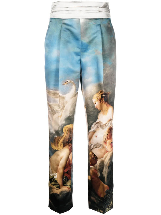 Painting-Print Silk Tailored Trousers