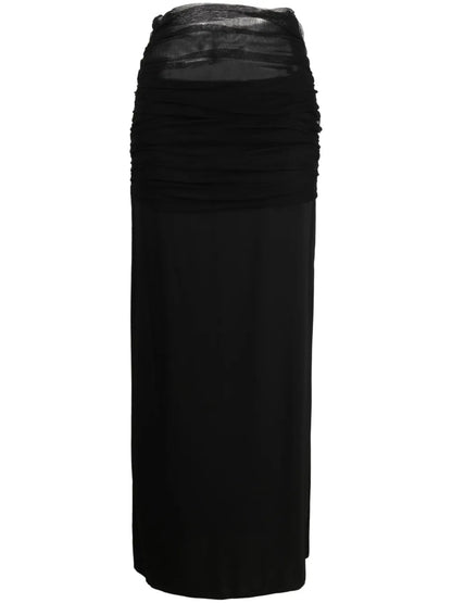 Tulle-Trim Ruched Maxi Skirt
