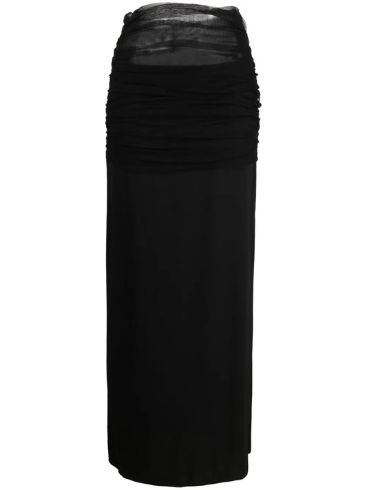 Tulle-Trim Ruched Maxi Skirt