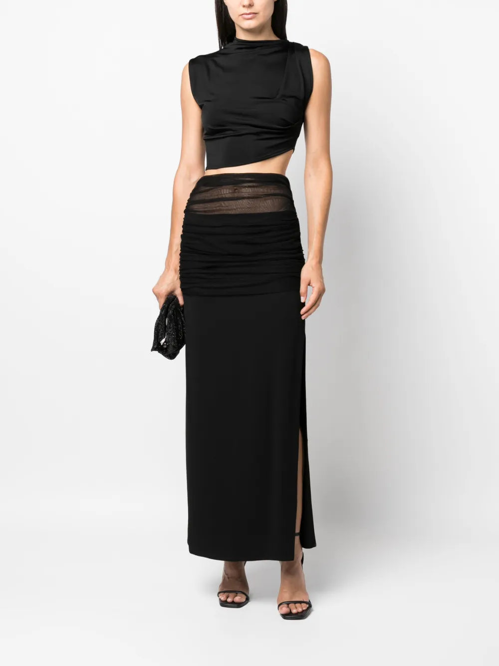 Tulle-Trim Ruched Maxi Skirt