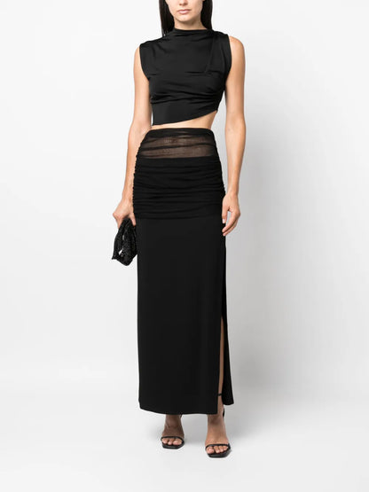 Tulle-Trim Ruched Maxi Skirt