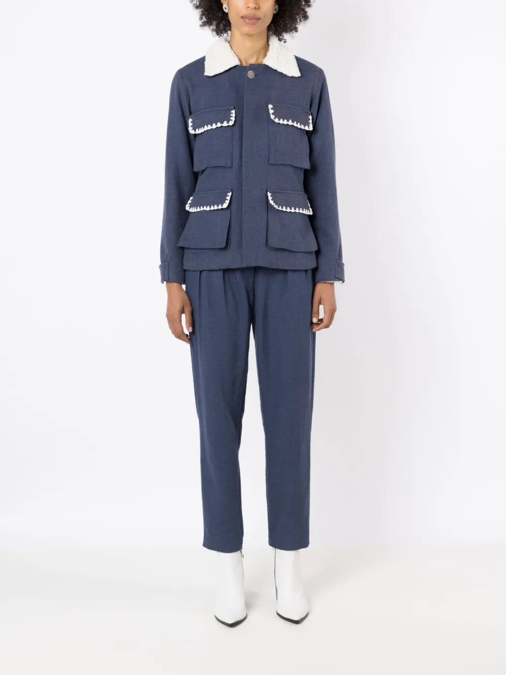 Shearling-Collar Button-Up Jacket