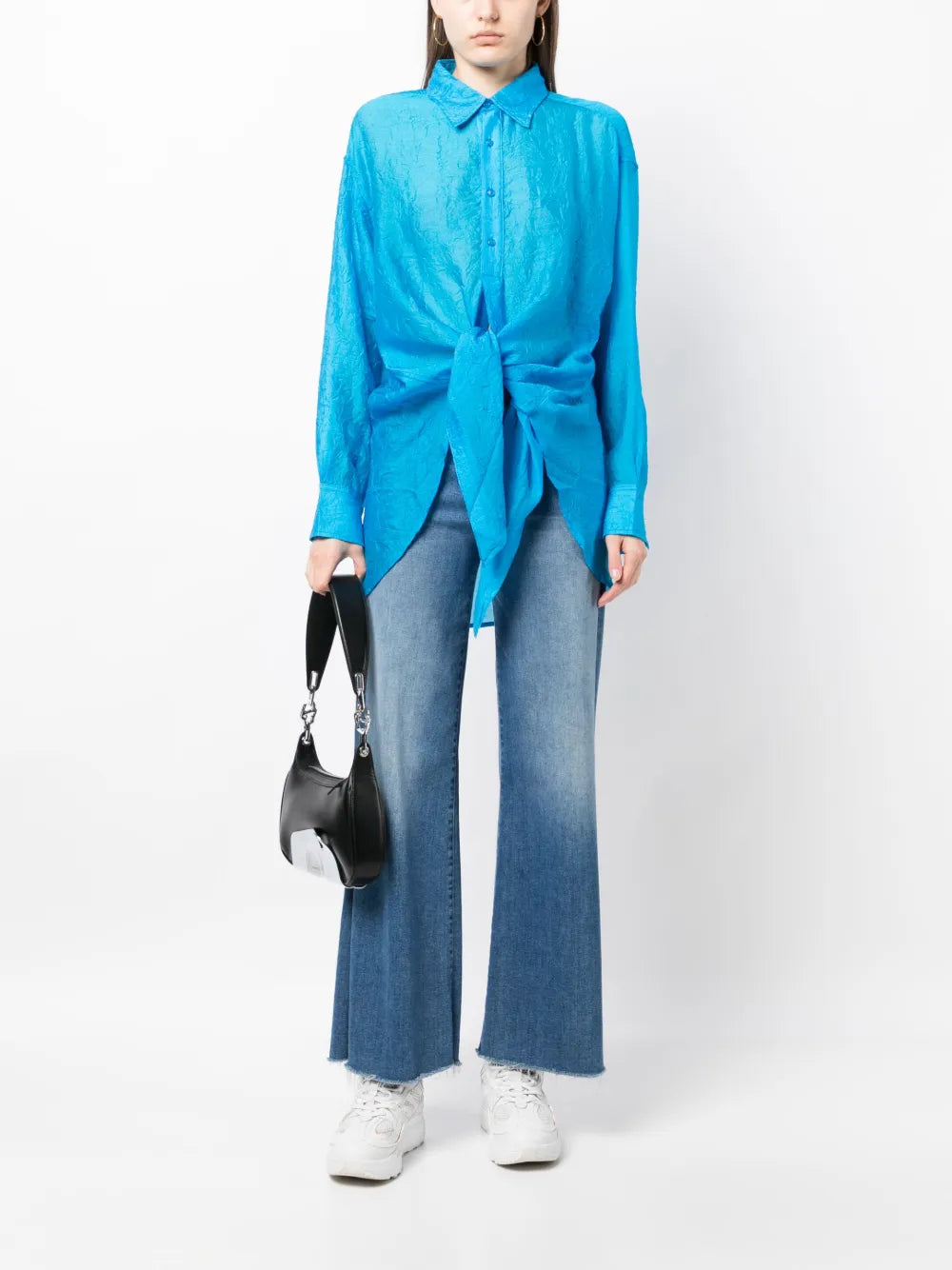 Crinkled-Finish Tie-Fastening Shirt