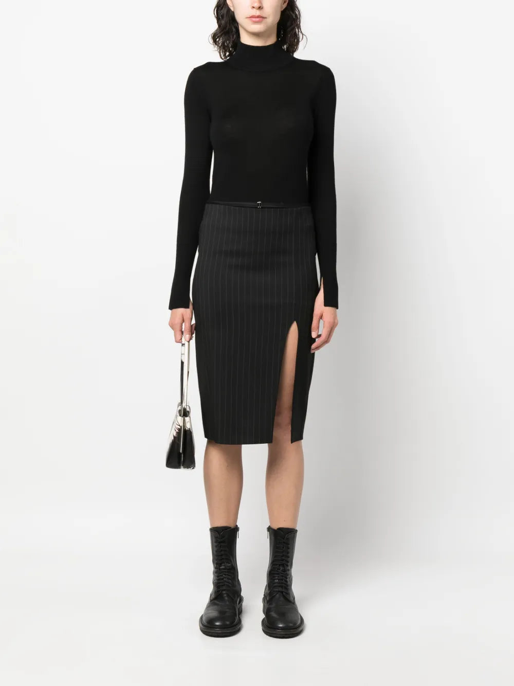 Pinstripe Slit Midi Skirt