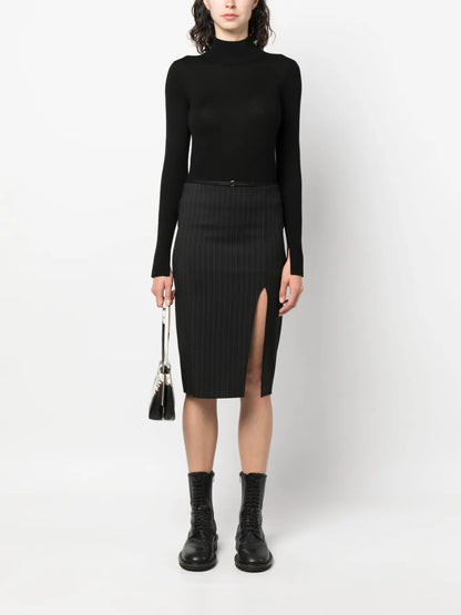 Pinstripe Slit Midi Skirt