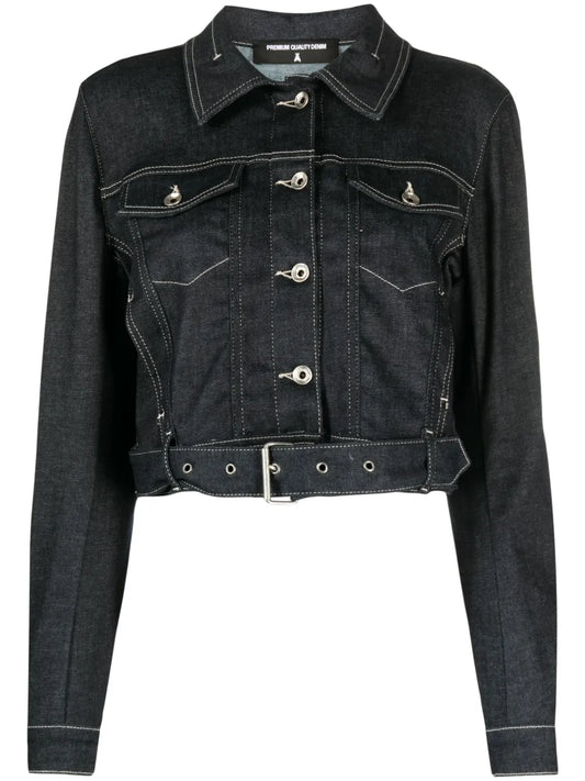 Cropped Contrast-Stitch Denim Jacket