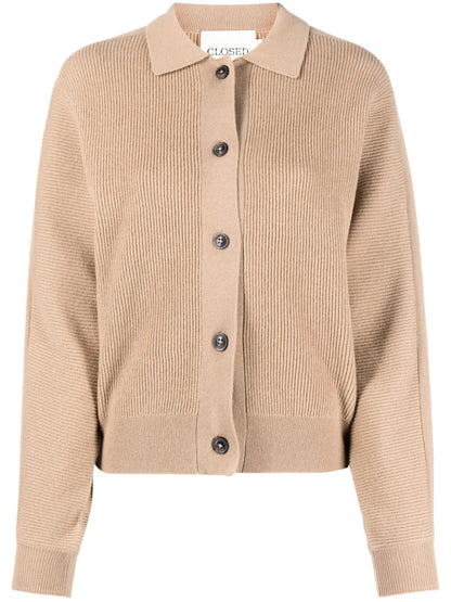 Rib-Knit Polo-Collar Cardigan