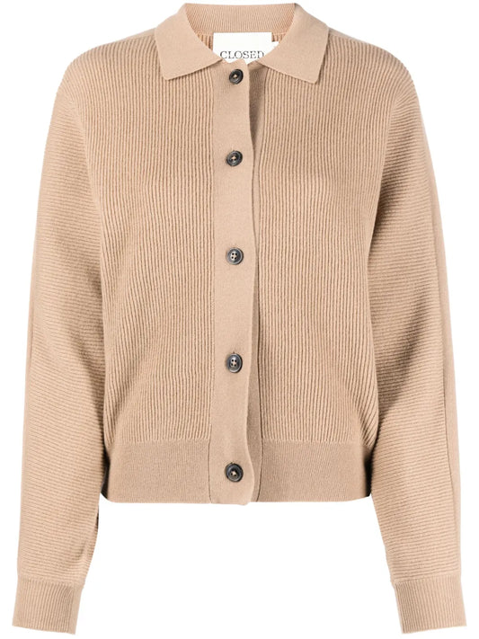 Rib-Knit Polo-Collar Cardigan