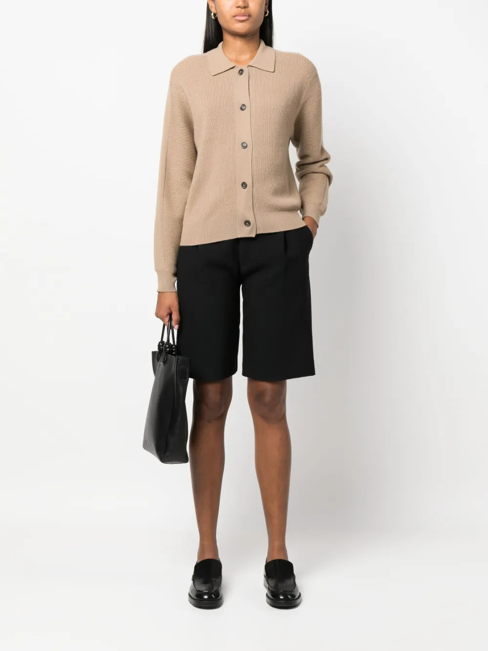 Rib-Knit Polo-Collar Cardigan