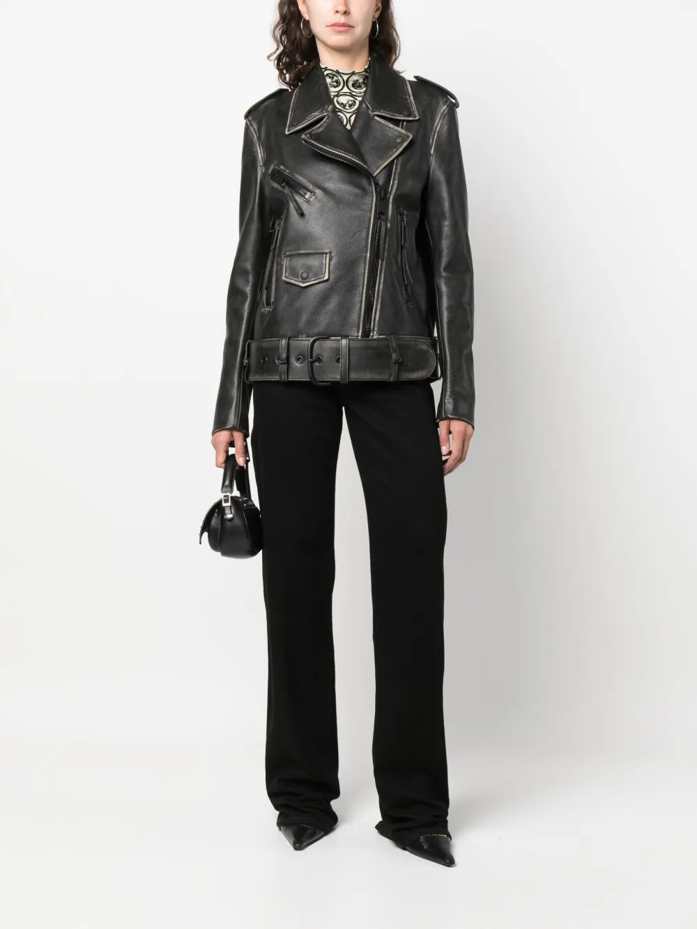 Faded-Effect Leather Biker Jacket