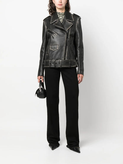 Faded-Effect Leather Biker Jacket