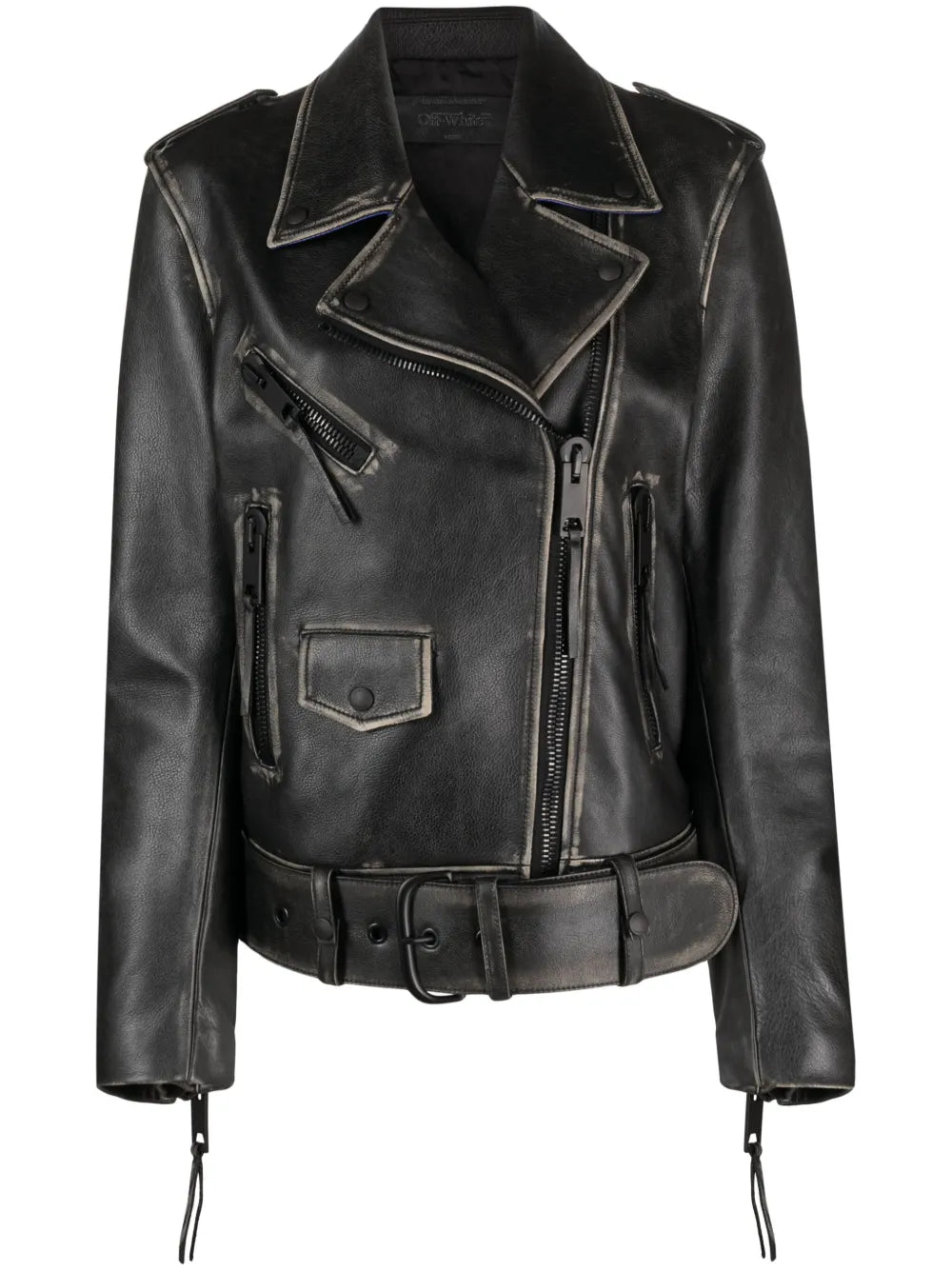 Faded-Effect Leather Biker Jacket