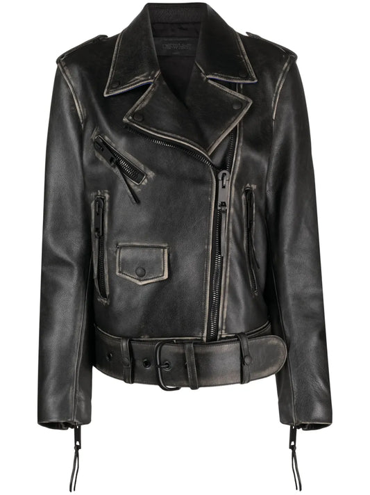Faded-Effect Leather Biker Jacket