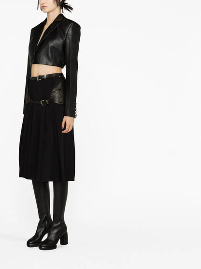 Box-Pleated Belted Midi Skirt
