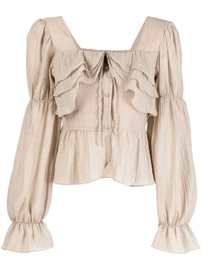 Ruffle-Detailing Long-Sleeve Blouse