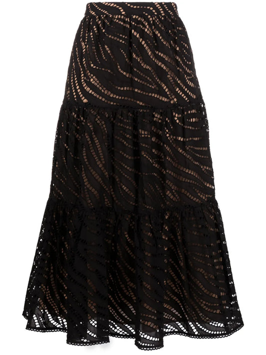 Embroidered Tiered Midi Skirt