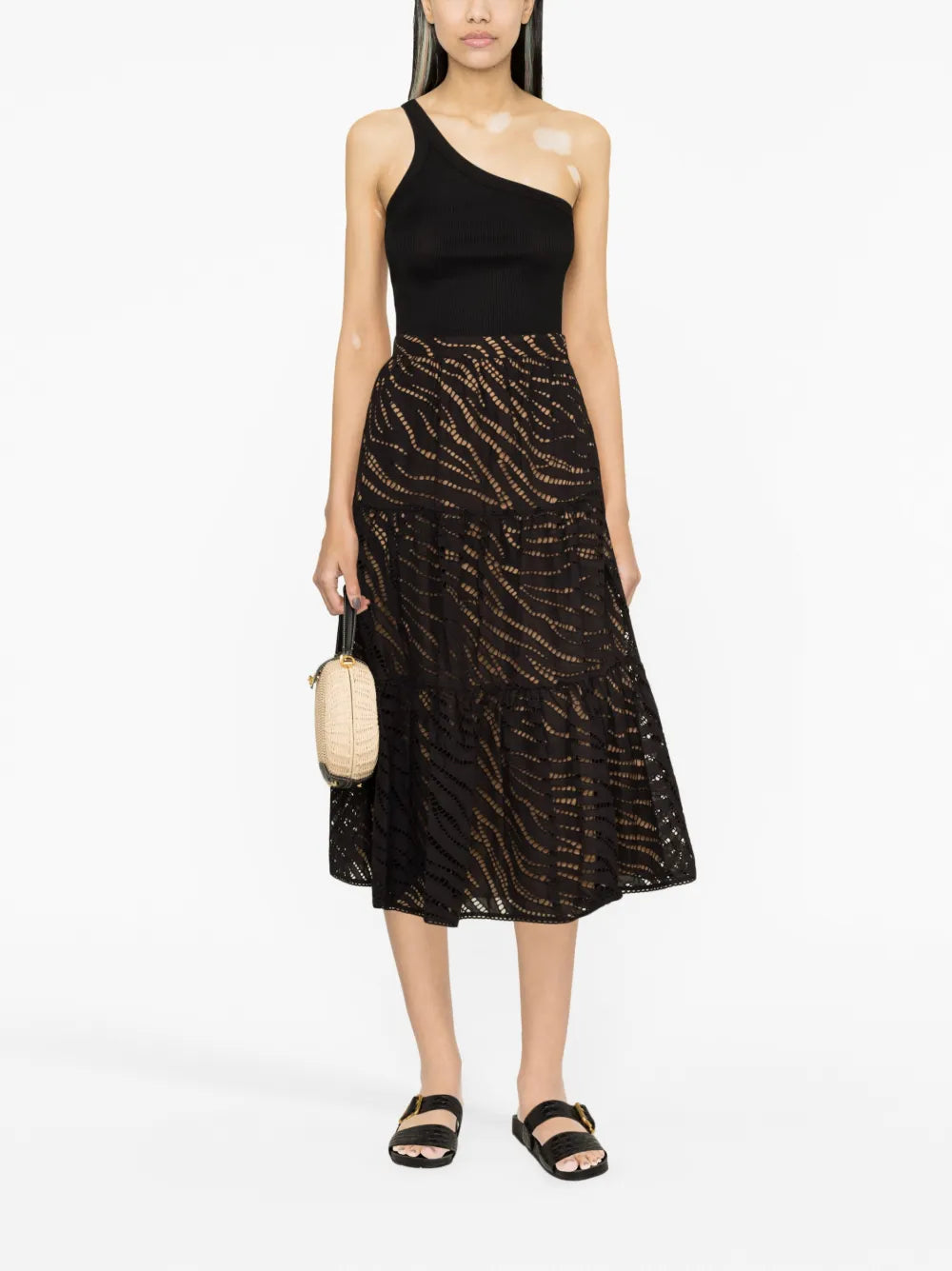 Embroidered Tiered Midi Skirt