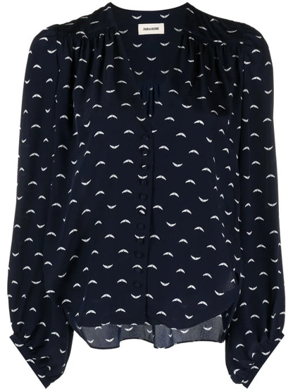 Graphic-Print Long-Sleeved Blouse