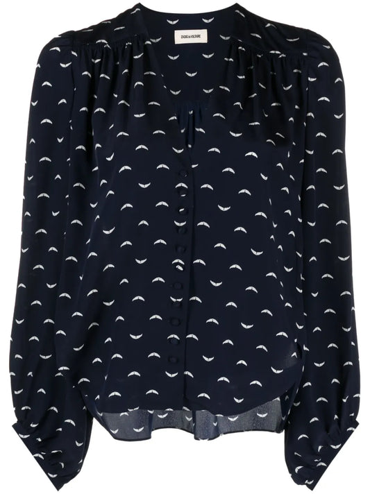 Graphic-Print Long-Sleeved Blouse