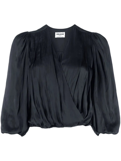 V-Neck Draped Satin Blouse