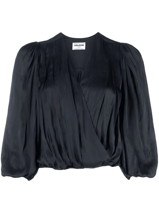 V-Neck Draped Satin Blouse