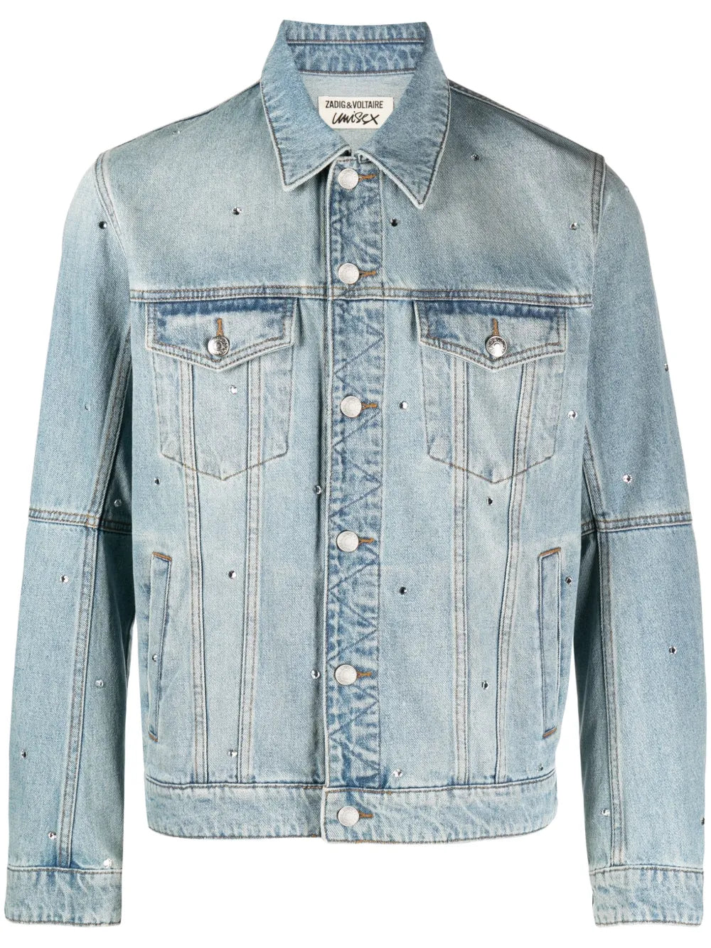 Kasy Spread-Collar Crystal Denim Jacket