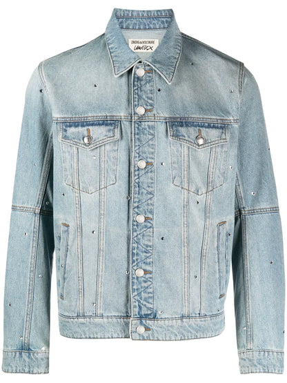 Kasy Spread-Collar Crystal Denim Jacket