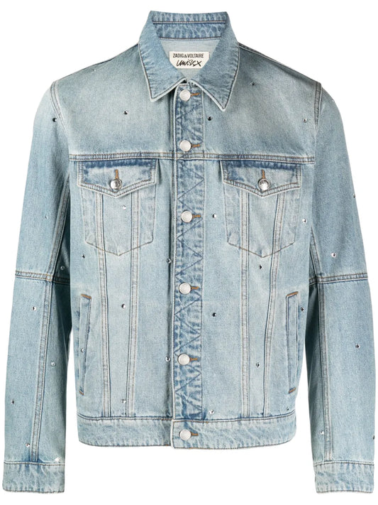 Kasy Spread-Collar Crystal Denim Jacket