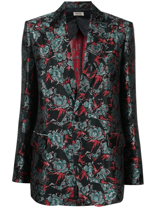 Floral-Jacquard Single-Breasted Blazer