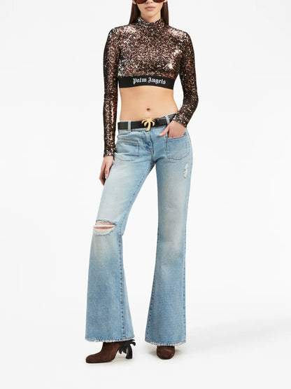 Logo-Strap Sequin Cropped Top