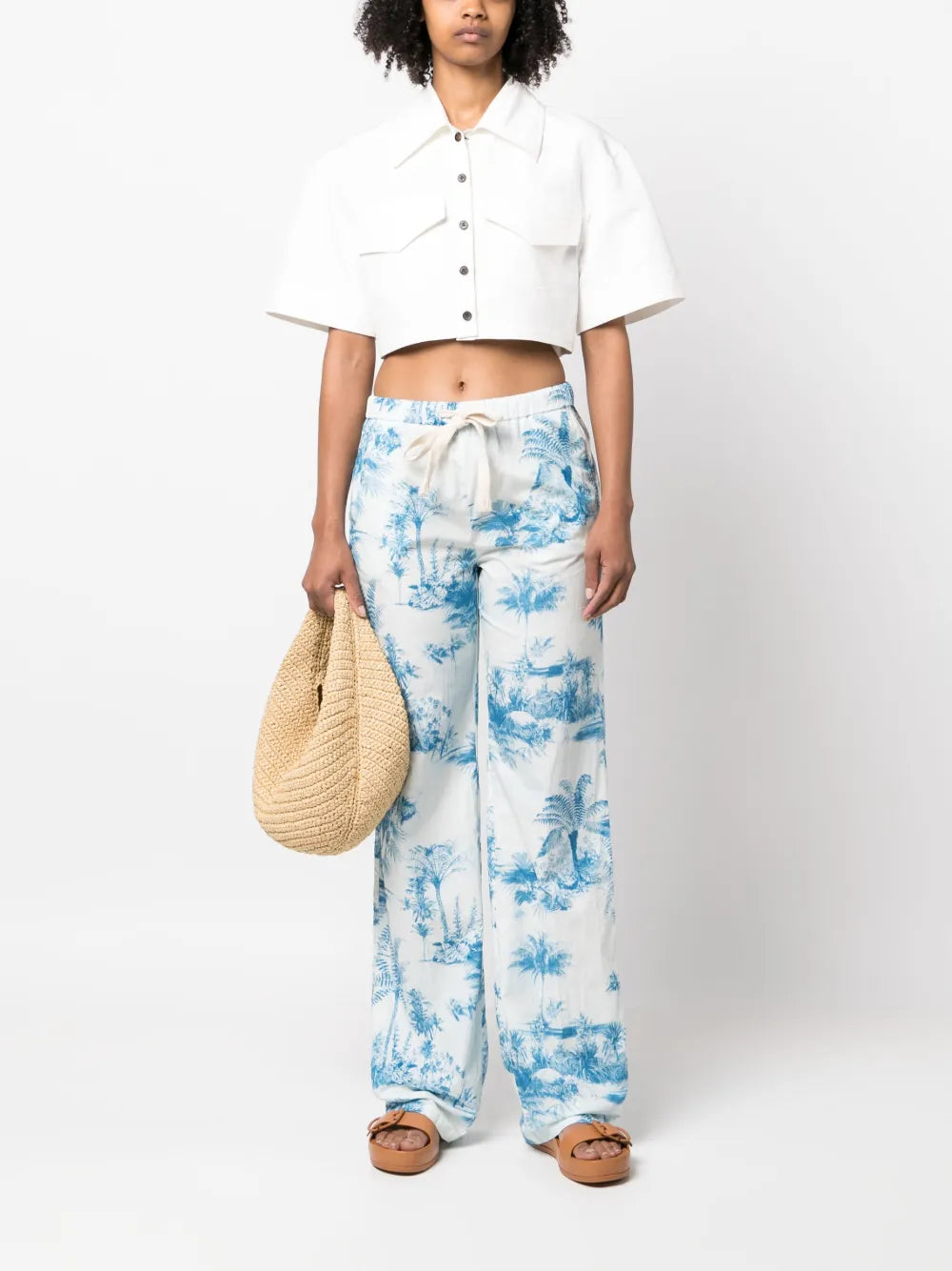 Palm Tree-Print Flared Trousers