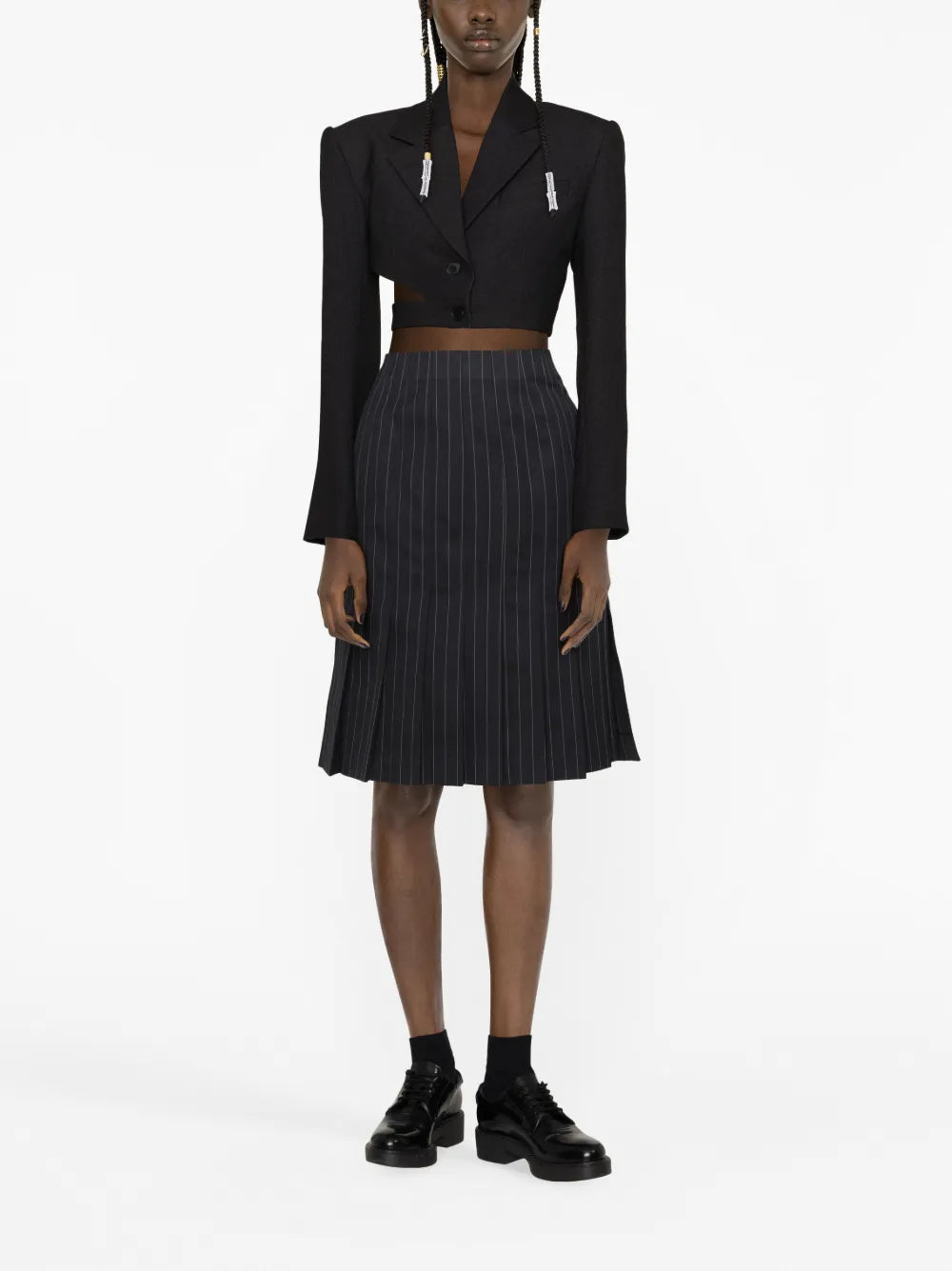 Pinstriped Pleated Midi Skirt