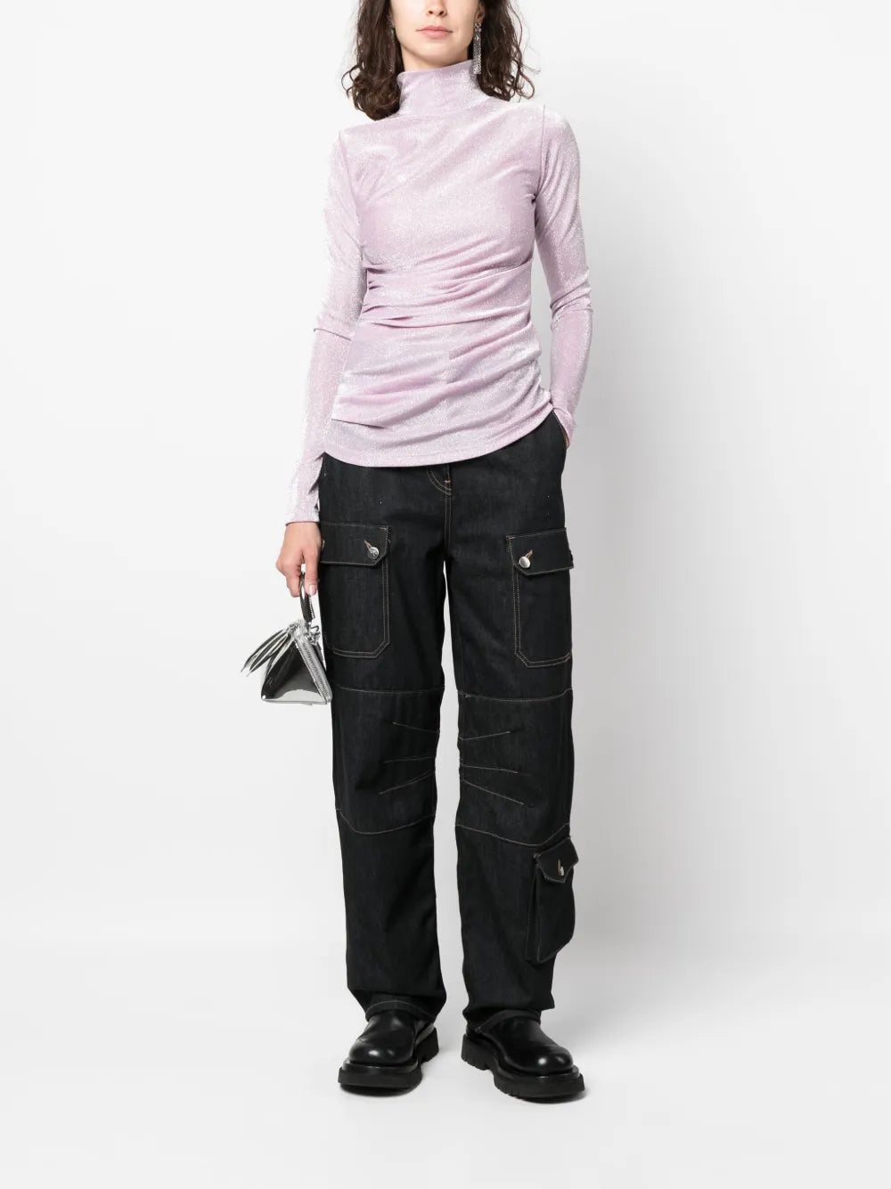 Glittery Gathered High-Neck T-Shirt