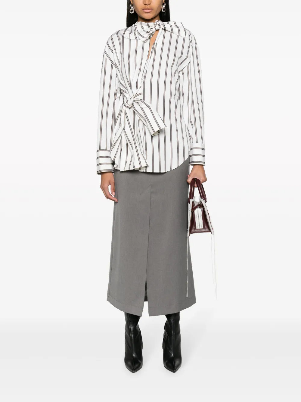 Bow-Detail Striped Asymmetric Shirt