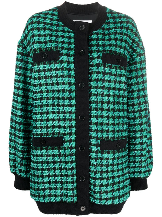 Houndstooth-Pattern Tweed Cardi-Coat