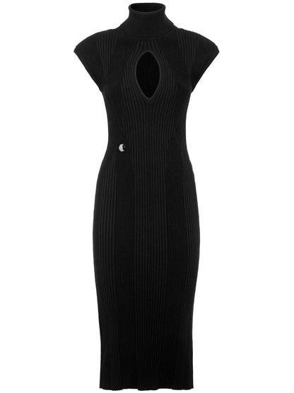 Shoulder-Pads Ribbed Midi Dress