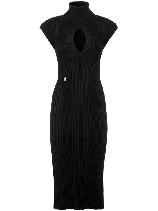 Shoulder-Pads Ribbed Midi Dress