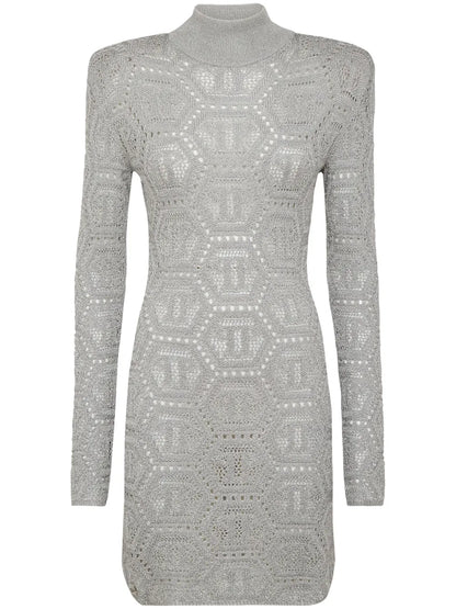 Monogram-Pattern Crochet-Knit Minidress