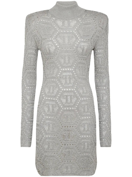 Monogram-Pattern Crochet-Knit Minidress