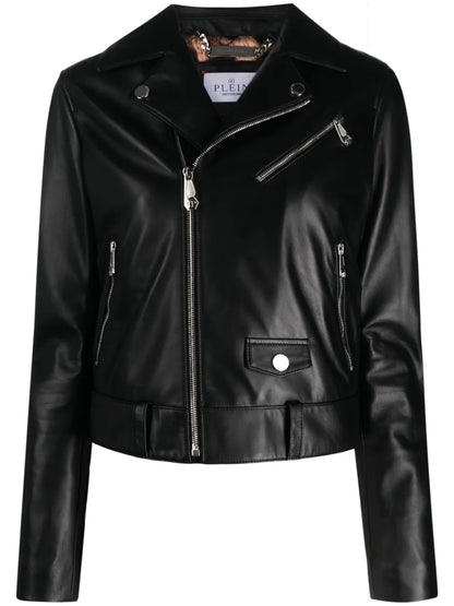 Crystal-Embellished Leather Biker Jacket