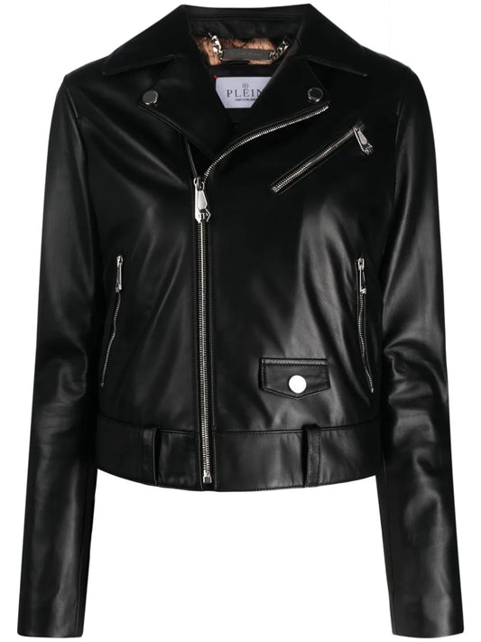 Crystal-Embellished Leather Biker Jacket