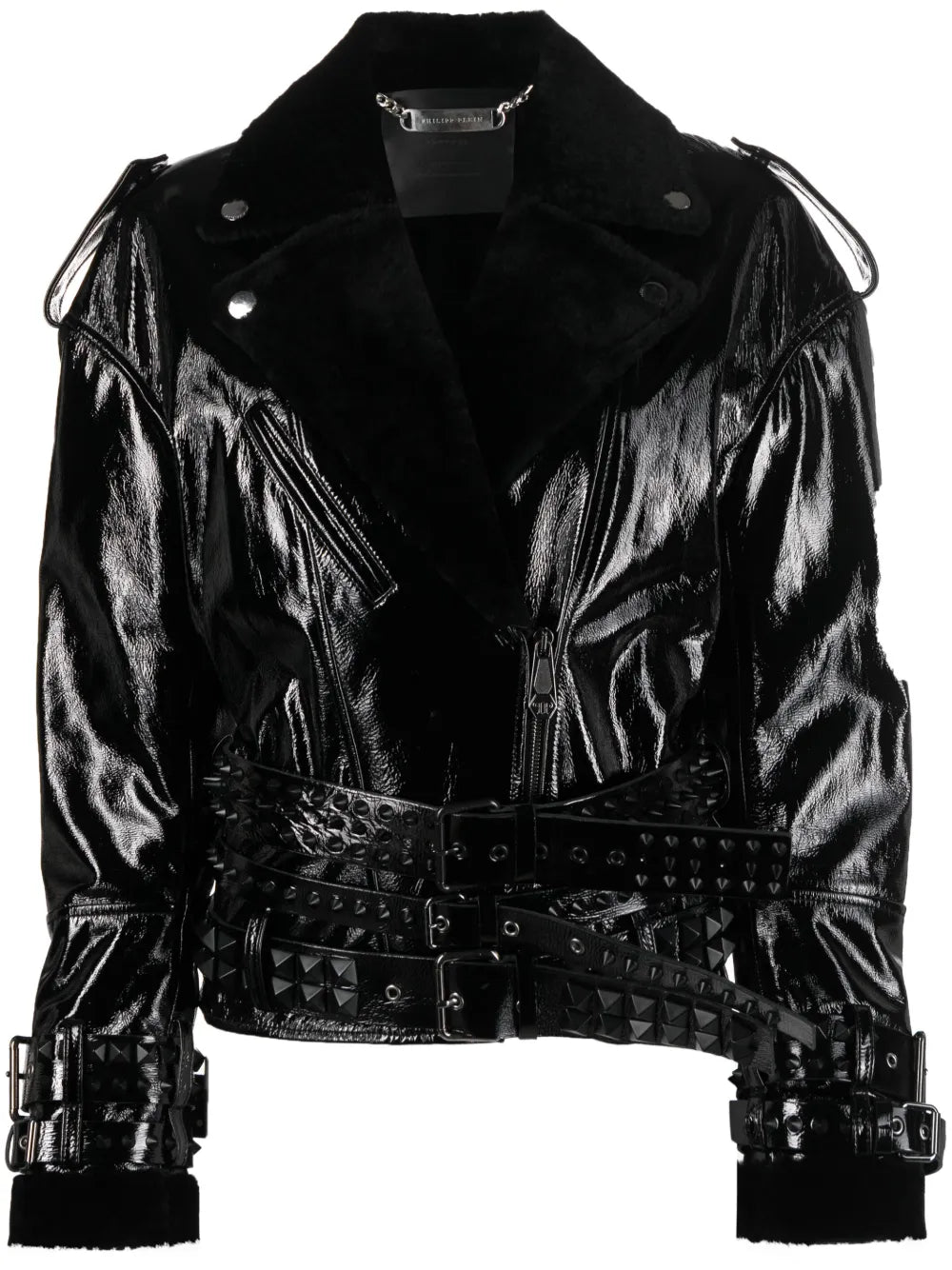 Shearling-Collar Patent-Leather Jacket