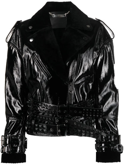 Shearling-Collar Patent-Leather Jacket