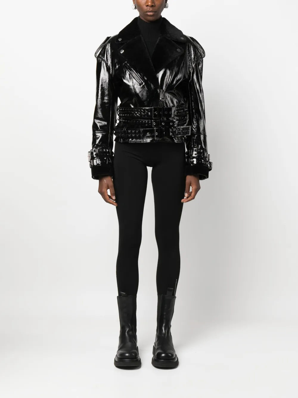 Shearling-Collar Patent-Leather Jacket