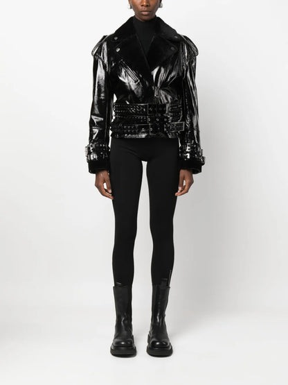 Shearling-Collar Patent-Leather Jacket