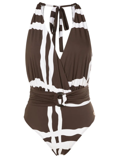 Check-Pattern Halterneck-Tie Swimsuit