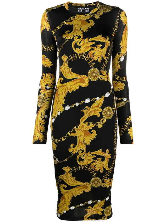 Baroque-Print Midi Dress